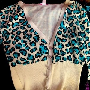 Betsey Johnson M Leopard Animal Print Cropped Sweater blue RARE bling